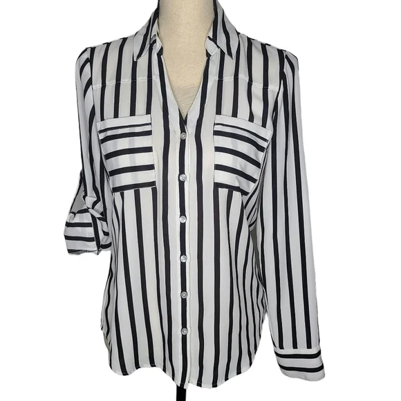 Express White and Black Striped Roll Tab Sleeve Button Front Blouse - Picture 1 of 7